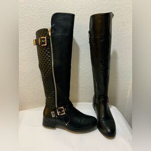 Shoedazzle over the knees boots flat black with gold accents buckle size 8.5
